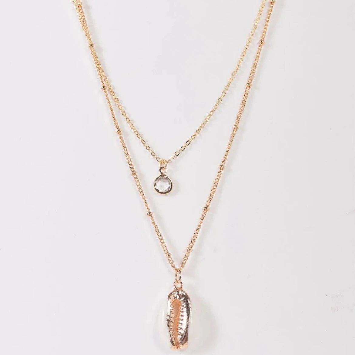 Gold Shell Double Chain Crystal Pendant Necklace - Elegant Summer Jewelry