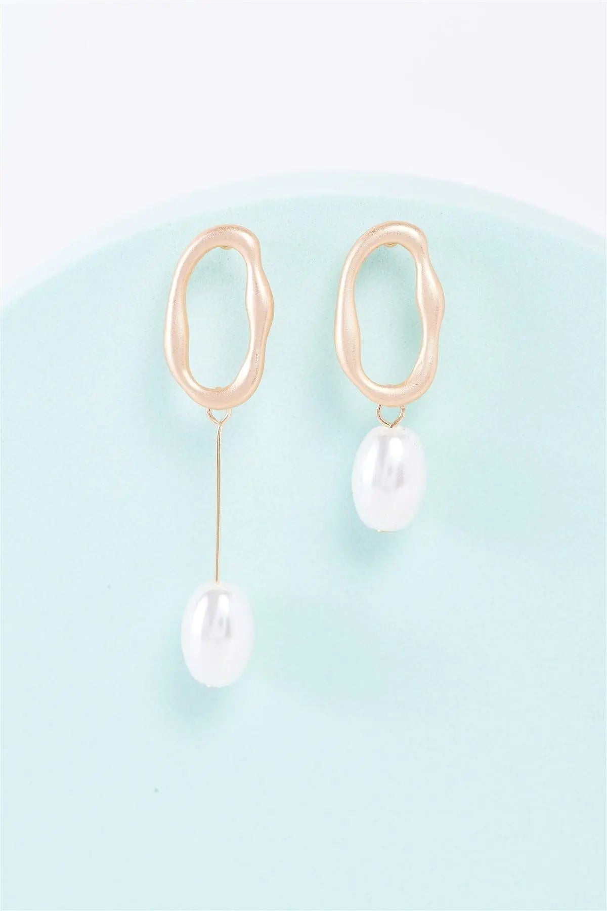 Matte Gold Oval Asymmetrical Pearl Drop Earrings