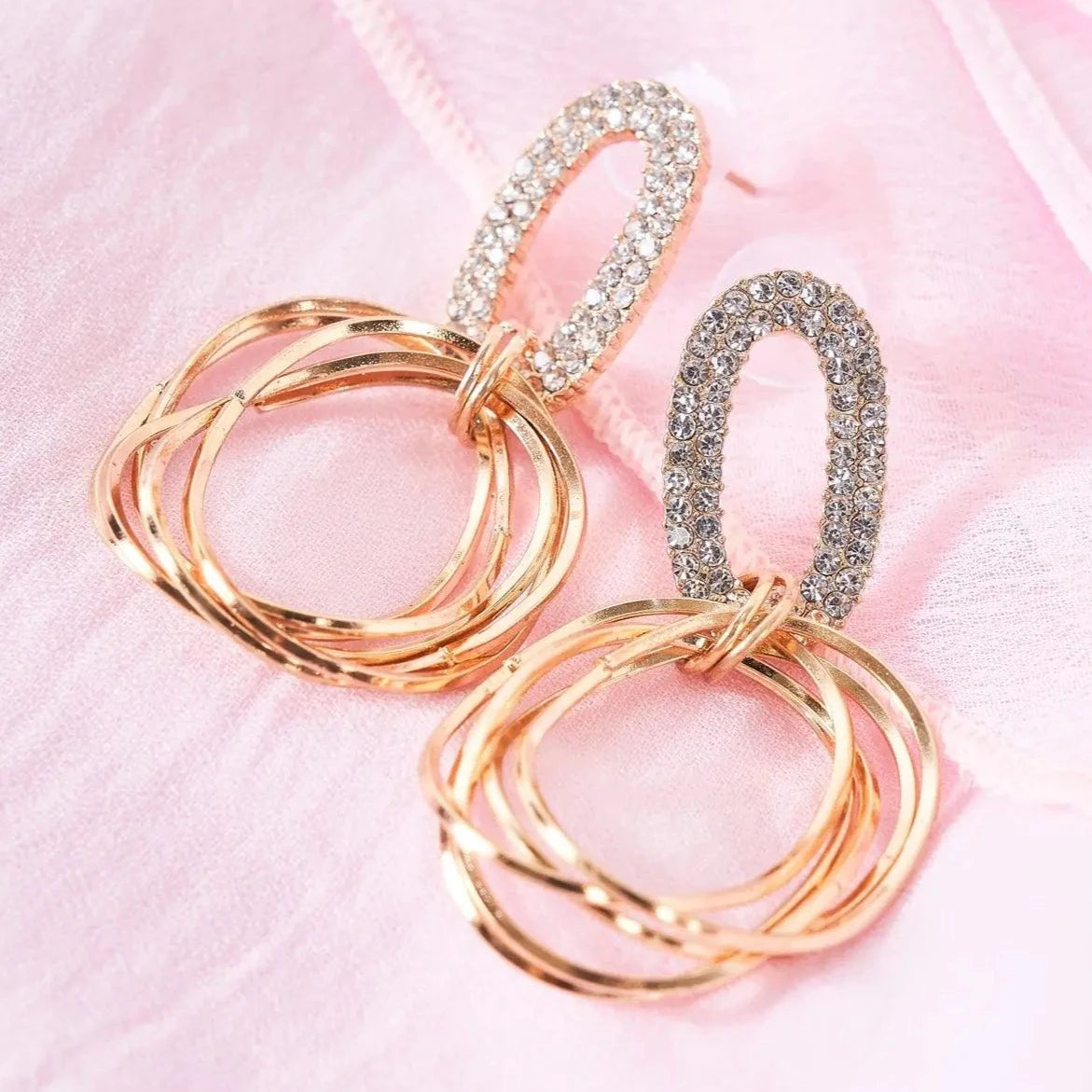 Gold Rhinestone Linked Multiple Hoop Drop Earrings