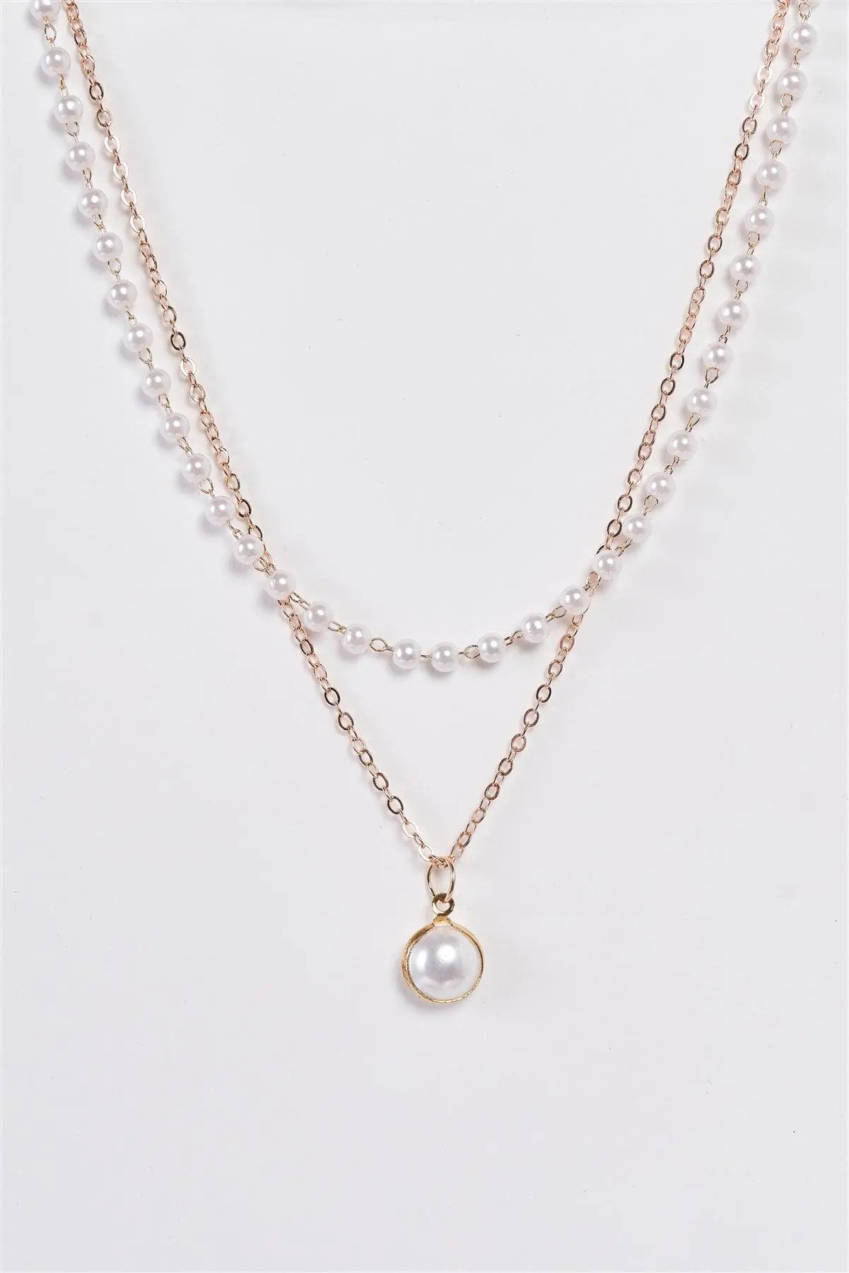 Gold Pearl Double Faux Pearl Pendant Necklace