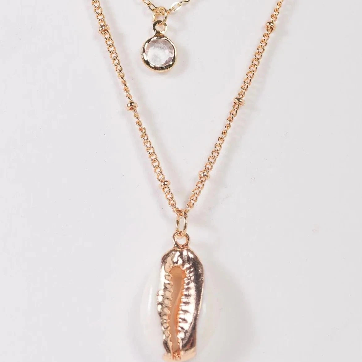 Gold Shell Double Chain Crystal Pendant Necklace - Elegant Summer Jewelry