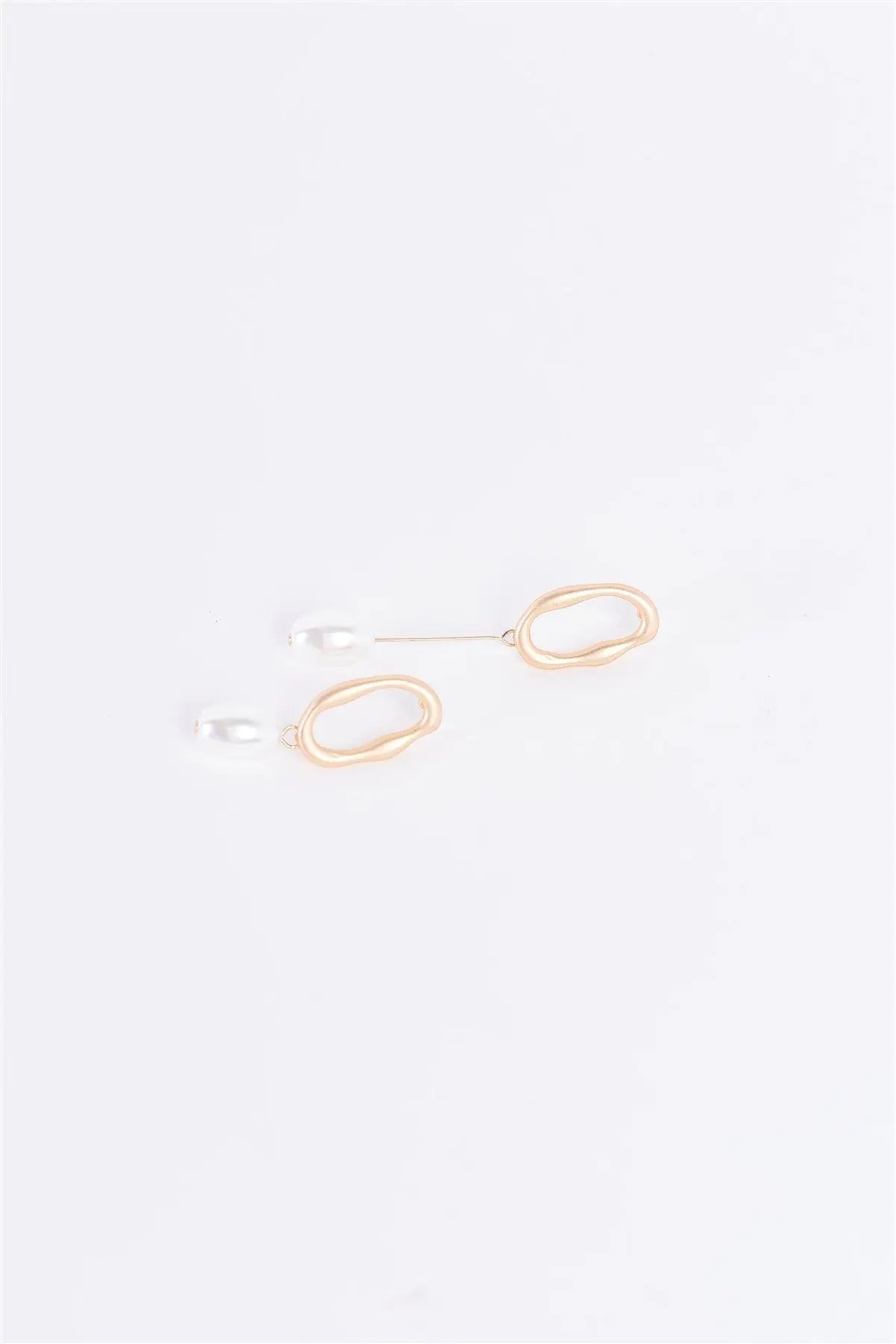 Matte Gold Oval Asymmetrical Pearl Drop Earrings