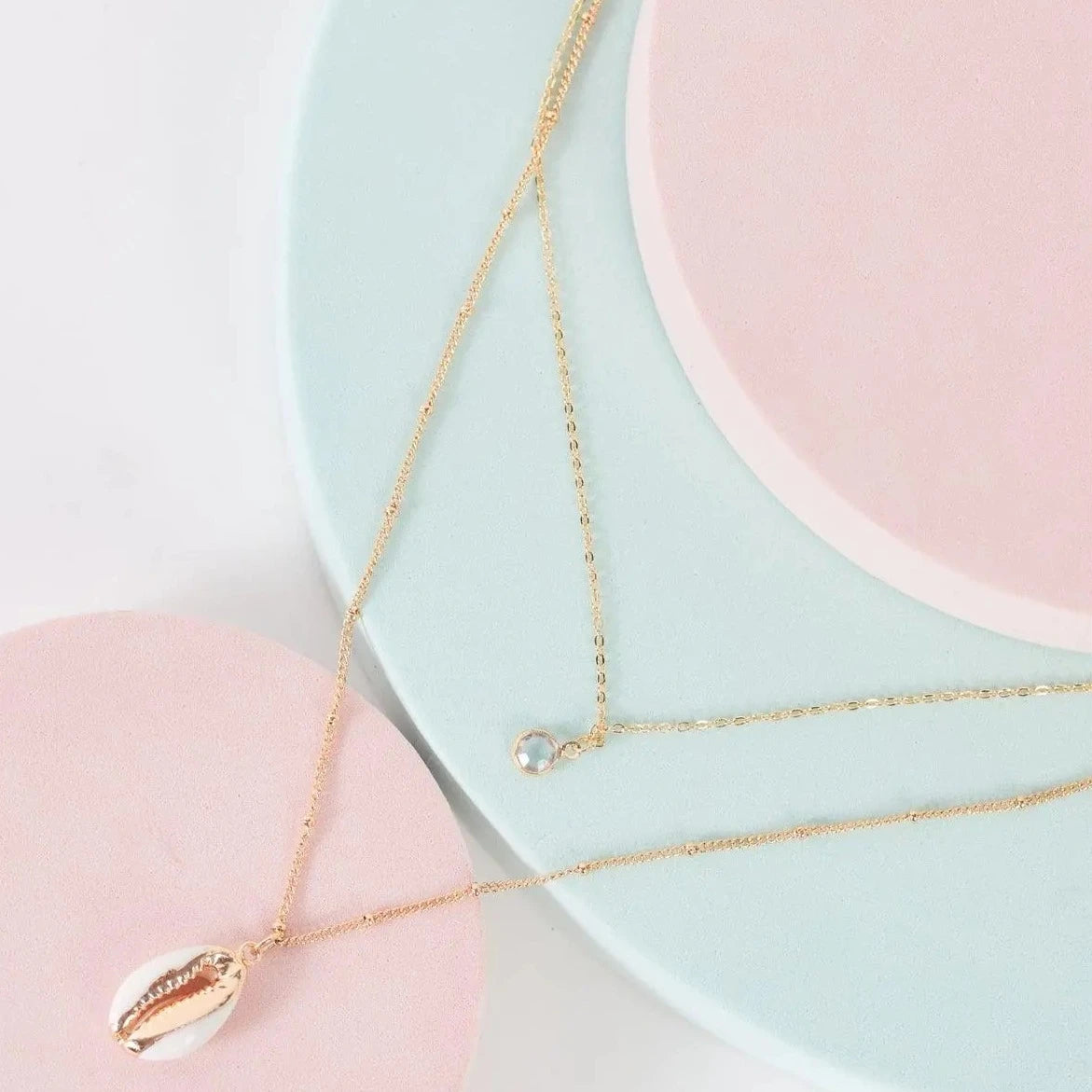 Gold Shell Double Chain Crystal Pendant Necklace - Elegant Summer Jewelry