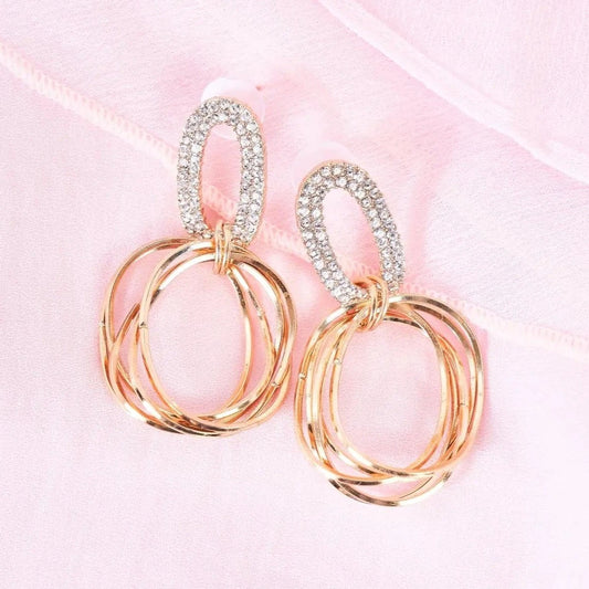 Gold Rhinestone Linked Multiple Hoop Drop Earrings