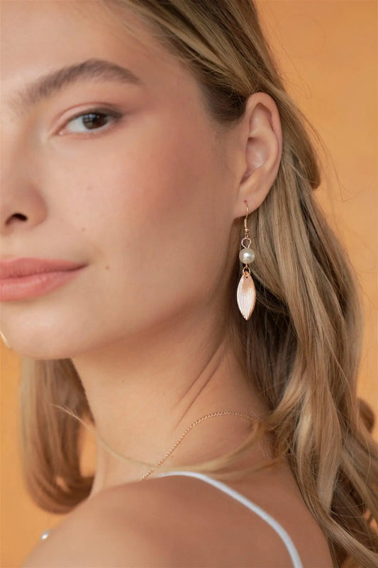 Gold & Pearl Feather Drop Earrings