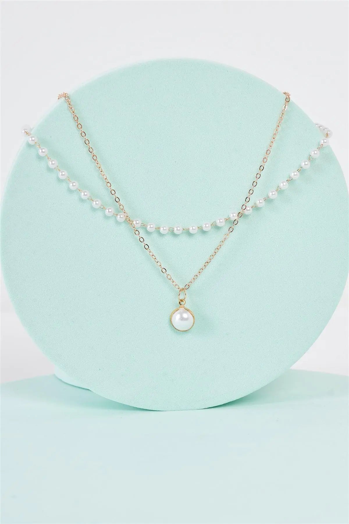 Gold Pearl Double Faux Pearl Pendant Necklace