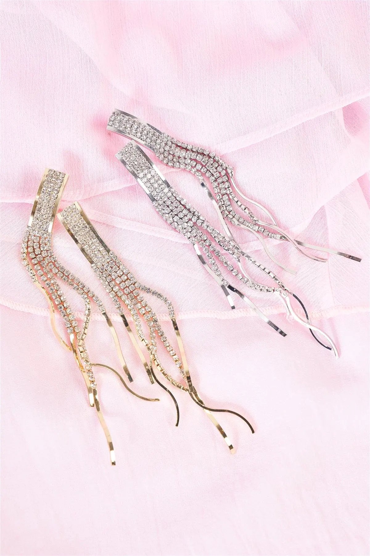 Gold Rhinestone Tassel Drop Earrings /3 Pairs