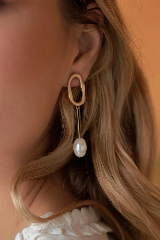 Matte Gold Oval Asymmetrical Pearl Drop Earrings